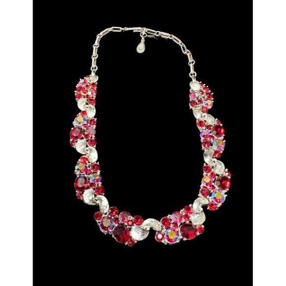Vintage Lisner Bright Red Glass and AB Silver Tone Choker Necklace 17" - Picture 4 of 8